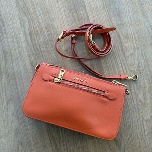 PRADA Logo Leather Shoulder Bag Crossbody Bag Orange BT0834